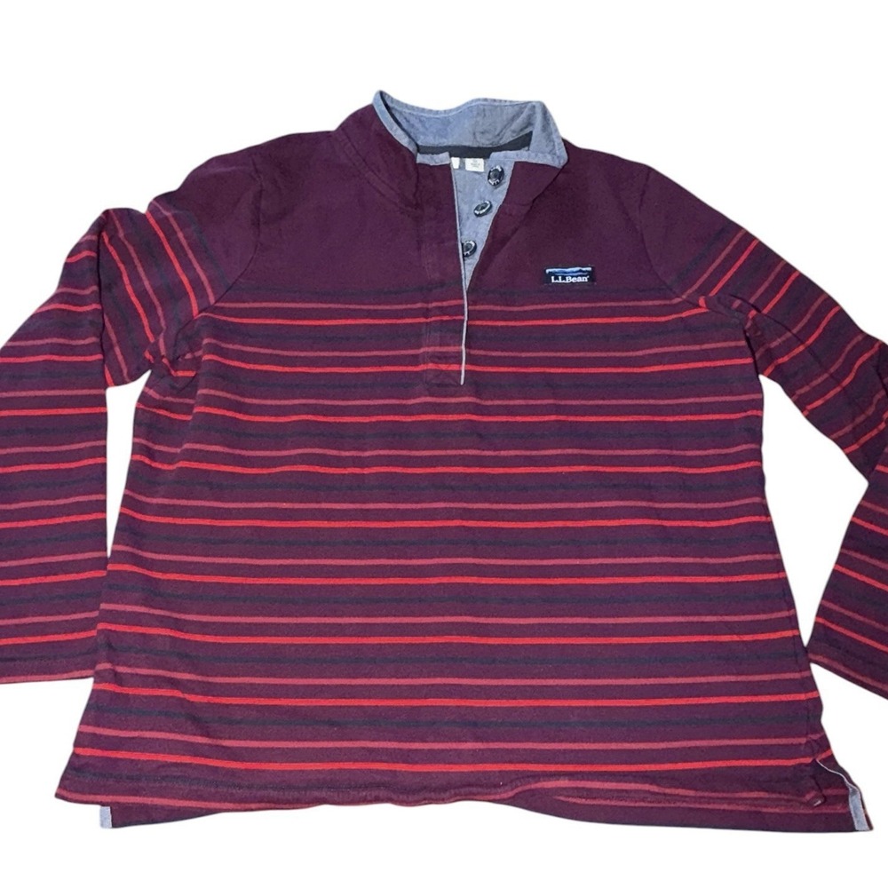 LL Bean Women Henley Shirt XL Soft Cotton Striped Long Sleeve Rugby Pullover 1/4